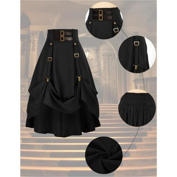 Women Goth Steampunk Skirt High Waist Pirate Midi A-Line Skirt w Pockets S-2XL - Picture 4 of 7